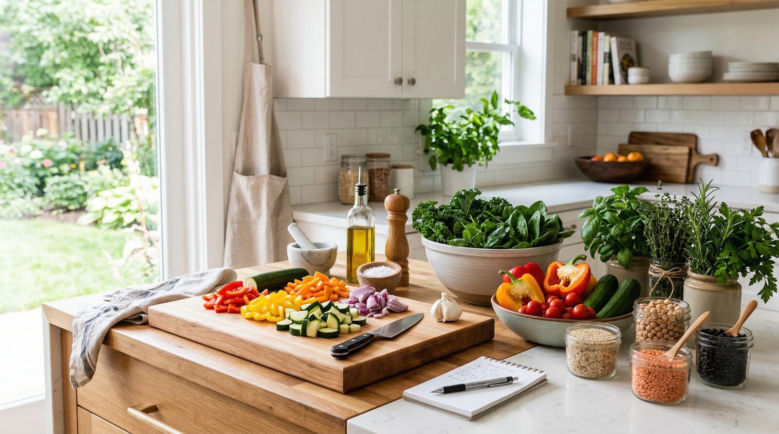 Organized kitchen counter with fresh ingredients for a cooking lesson