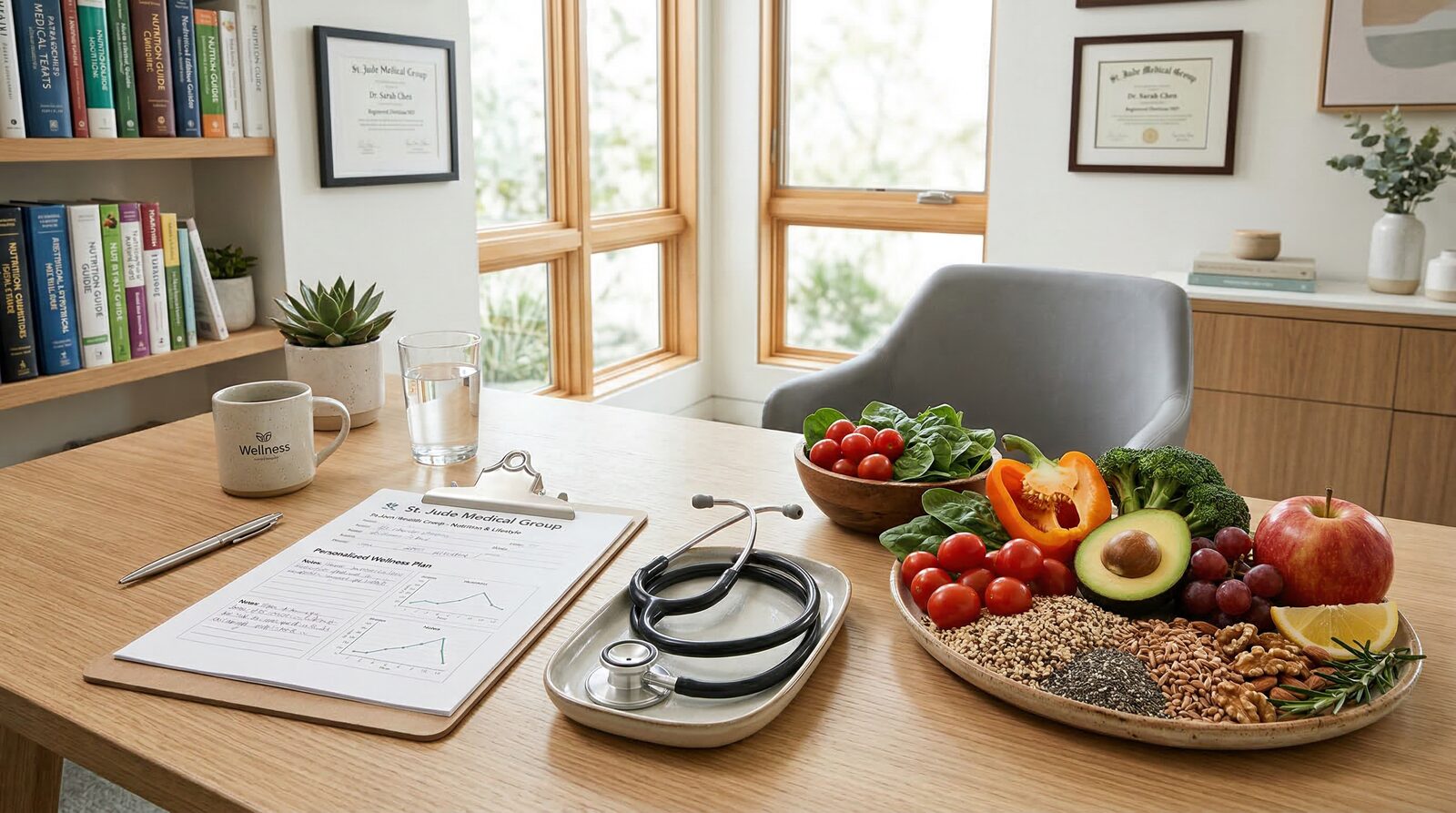 Healthcare provider's desk with health charts and fresh produce